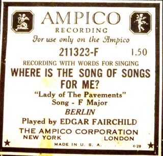 Ampico Berlin Where Is The Song Of Songs For Me 211323 - F Player Piano Roll