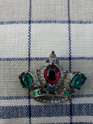 40s Trifari Alfred Philippe Sterling Silver Crown Green Jelly Belly Brooch/pin