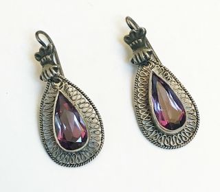 Antique Mexican Sterling Silver Amethyst Hand Holding Hook Dangle Earrings