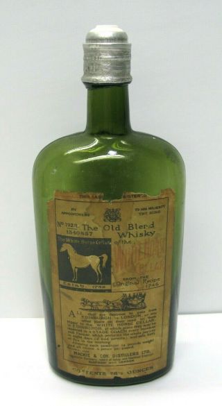 No 1923 Old Whiskey White Horse Cellar Green Bottle Ceramic Pour Top Paper Label