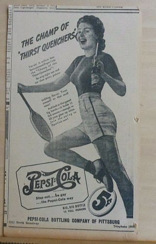 1940 Newspaper Ad For Pepsi - Woman Tennis Player,  Champ Of Thirst Quenchers