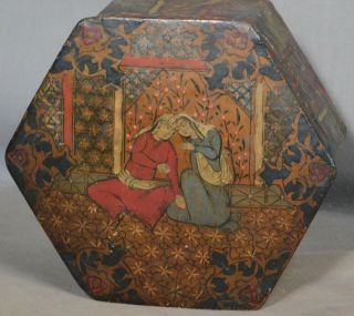 Antique Indo Persian Polygon Papier Mache Box Miniature Painting Lovers Musician
