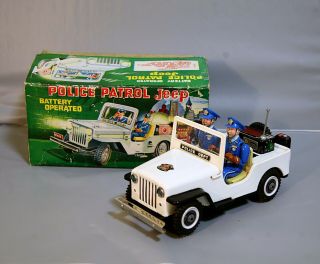 T.  N Nomura Tin Police Jeep Battery Operated 60s Japan Top (video)
