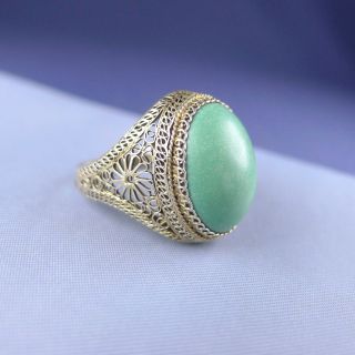 Antique Chinese Sterling Silver Green Turquoise Ring / Gilt Filigree Adjustable
