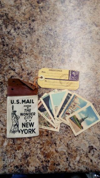 1944 Miniature U.  S.  Mail Bag With 8 Mini Postcards Has Mailing Tag