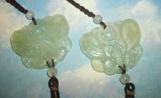 Antique Chinese Carved Jade Butterfly Moth Pendant Amulet Necklace 2 3/8 " Xlnt