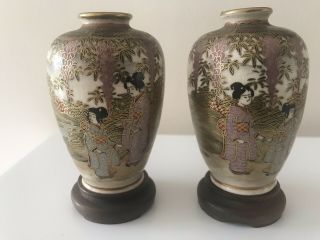 Pair Antique Japanese Meiji Period Satsuma Geisha Miniature Vases,  Signed.