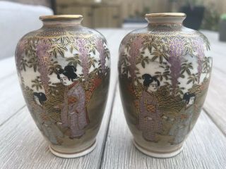 Pair Antique Japanese Meiji Period Satsuma Geisha Miniature Vases,  Signed. 2