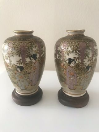 Pair Antique Japanese Meiji Period Satsuma Geisha Miniature Vases,  Signed. 3