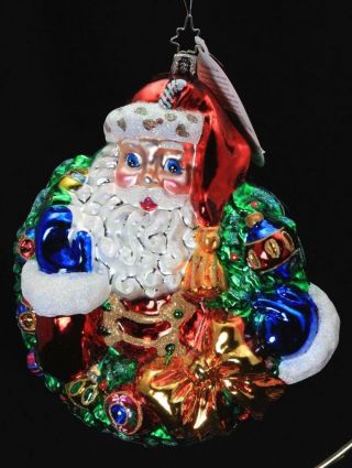 Radko Hand Painted Glass Christmas Ornament " With Good Cheer " Santa In Wreath