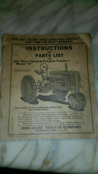 Vintage John Deere Model H General Purpose Tractor Instructions & Parts List