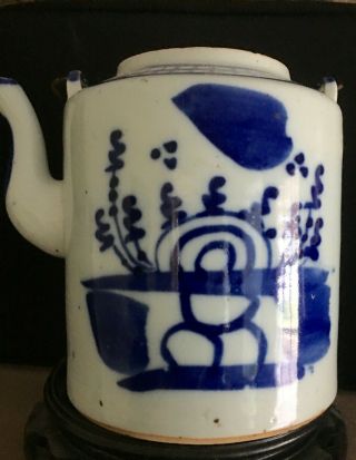 Antique 19th C Chinese Blue White Porcelain Teapot Cobalt Flowers Orig Handle