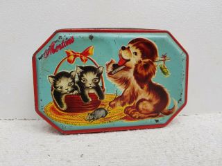 1960 Vintage Morton Dog Holding Mouse For Kitten In Basket Confectionery Tin Box