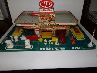 Vintage 1950s Tin Litho Marx Sky View Parking Service Center With Accessories