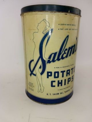 Vintage 1lb Salem ' s Potato Chips Can Tin Akron Ohio KT Salem Inc 7.  5 