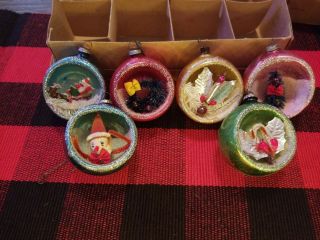 6 Vintage Diorama Mercury Glass Christmas Ornaments Japan Pink Blue Green Gold