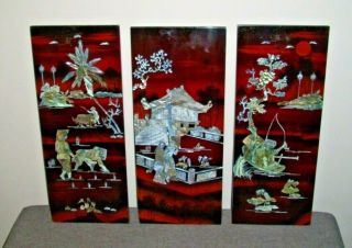 Vintage Three Panel Oriental Wall Hanging With Mother Of Pearl Inlay (asian Art)