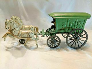 1910 Shimer Cast Iron Two Horse " Ice Wagon " With Driver & Ice