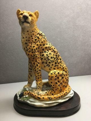 Resin Seated Cheetah Figurine 10.  5 " Tall On Stand Glass Eyes