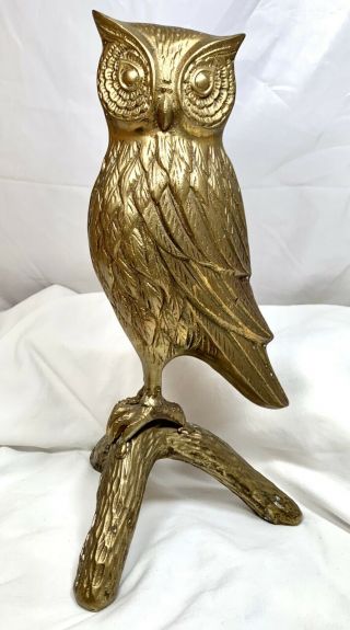 Vintage Large Heavy Brass Metal Owl Sculpture Figure On Branch Bird Statue Art