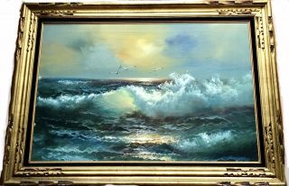Vintage Claude Terray Large Seascape Ocean Painting Carved Gold Frame