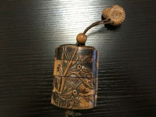 Antique Japanese Inro Netsuke Ojime Wood Brown Pillbox Insect Cricket