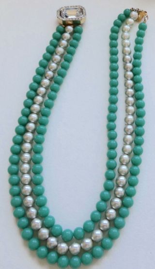 Kenneth J Lane Vintage Necklace 3 Strand Jade Green Glass Beads & Pearls