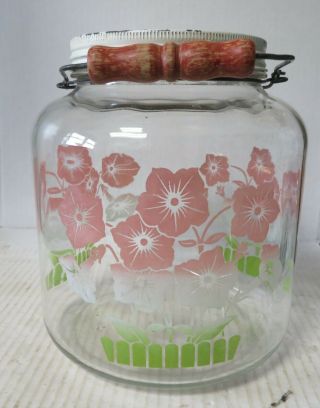 Old Vintage Morning Glory Flower Cookie Pickle Jar Wire Bail Red Wood Handle