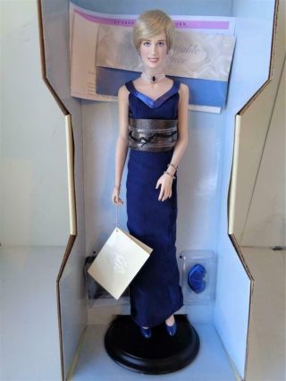 Franklin Princess Diana Of Wales Porcelain Doll In Navy Blue Gown Complete