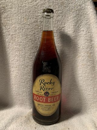 Full 24oz Rocky River Root Beer Paper Label Soda Bottle Cincinnati,  Ohio