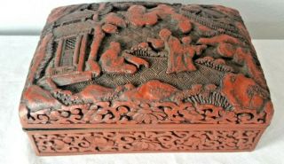 Antique Cinnabar Red Chinese Qing Dynasty Hand Carved Box Lacquer Brass 5.  5 X 4