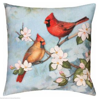 Pillows - " Cardinal & Flower Blossoms " Indoor Outdoor Pillow - 18 " Square