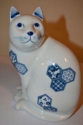 Blue White Cat Delft Delftware Porcelain Geometric Hexagon 8” Figure Statue Vtg