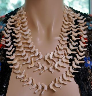3 Strand Fetish 100 Bird Necklace Carved From Shell and Liquid Silver Tube Beads 2