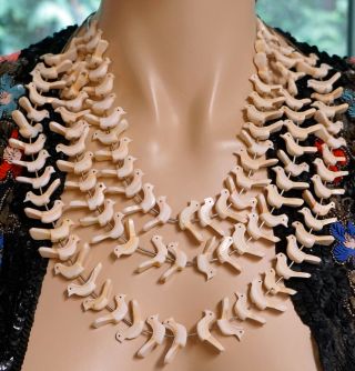 3 Strand Fetish 100 Bird Necklace Carved From Shell and Liquid Silver Tube Beads 3