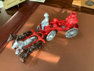 Vintage Stanley Toys Cast Metal 3 Horse Drawn Fire Pump Wagon With Rider