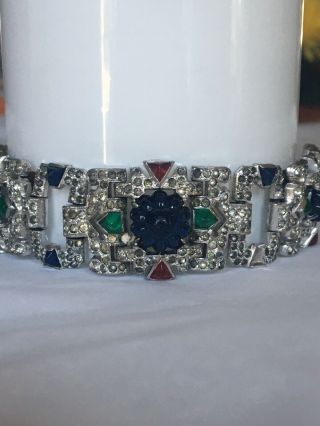 Vintage Art Deco Silver With Blue Green Rhinestones Bracelet With Matching Pin