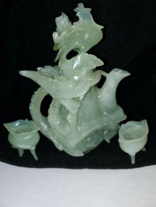 A Chinese Antique Hand Carved Dragon And Phoenix Jade,  Pitcher,  Saki Set Rare