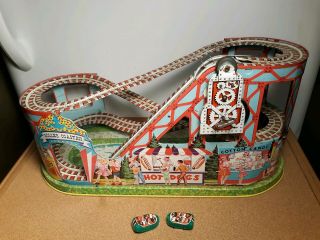 Vintage 1950s J.  Chein Roller Coaster Mechanical Tin Windup Toy W/ 2 Cars