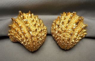 1960s Signed MIMI di N Clip Earrings - Gold - tone Spiny Oyster Shell Motif 2