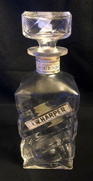 Vintage I.  W.  Harper Glass Whiskey Decanter With Cork Stopper & Labels