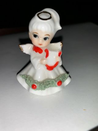 Vtg Napco Miniature Bone China Christmas Angel W/harp Figurine W/ Spaghetti Trim