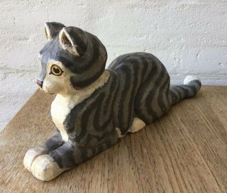 Vintage Folk Art Carved Wood Striped Tabby Kitten Cat Statue Artist Signed 19 "
