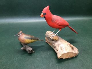 2 Vintage Hand Carved Wooden Birds Folk Art Cardinal Signed R.  Denison 1981