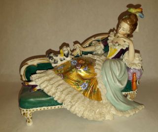 Vintage Porcelain Figurine Lady With Dog On Chaise Sitzendorf Germany