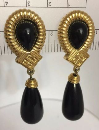 Vintage Signed Givenchy Clip Dangle Earrings Gold Tone & Black