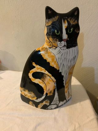 Retired 2001 Cats By Nina Lyman Signed Ceramic Calico Tabby 11.  5 " Statuette/vase