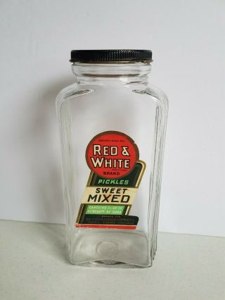 Red And White Stores Glass Pickle Jar 8 Inch Vintage
