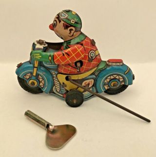 1950s Vintage Tin Toy Huki Wind - Up Clown Acrobat Flip Motorcycle W Germany Exc