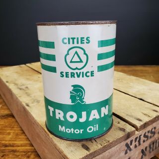 Vintage Cities Service Trojan Oil Can 1 Quart Advertising Tin Metal Full